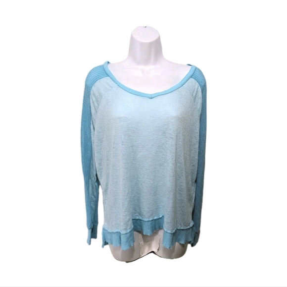 NWT T Party Aqua Long Sleeve Top Fishnet Sleeve Ruffle Hem S Thin Sweater #750 - Picture 1 of 6